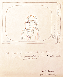 Caricatură publicată în anul 1990 pe geamul de la intrarea în clădirea studiourilor TVR